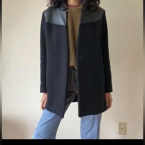 Maje structured black wool coat with leather collar and shoulder accent …